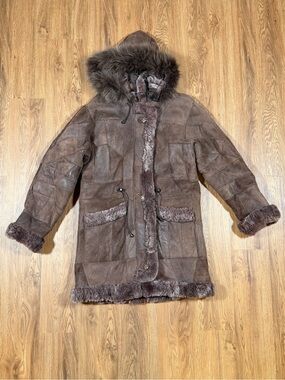 Vintage Patchwork Leather Parka Real Fox Fur Removable Hood Faux Shearling Coat